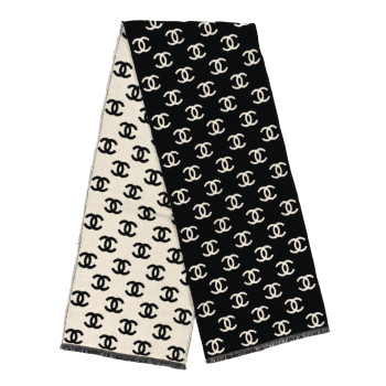 CHANEL Wool Cashmere CC Scarf Black White