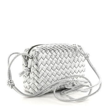 BOTTEGA VENETA Metallic Calfskin Intrecciato Mini Loop Camera Bag Silver