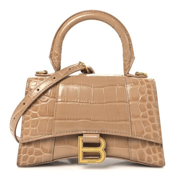 BALENCIAGA Shiny Calfskin Crocodile Embossed Hourglass Top Handle Bag XS Nude Beige