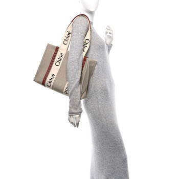 CHLOE Linen Calfskin Medium Woody Ribbon Tote White Brown