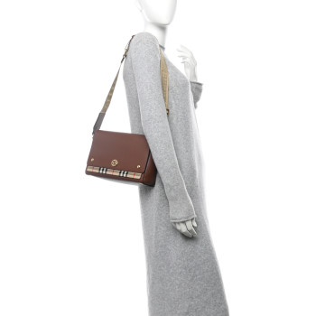 BURBERRY Calfskin Vintage Check Note Crossbody Bag Tan