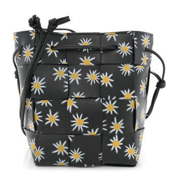 BOTTEGA VENETA Nappa Maxi Intrecciato Daisy Print Small Cassette Bucket Bag Black White Yellow