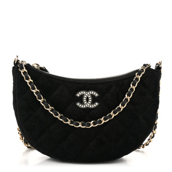 CHANEL Velvet Crystal Quilted Chain Hobo Black