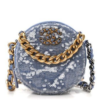 CHANEL Sequin Chanel 19 Round Clutch With Chain Light Blue