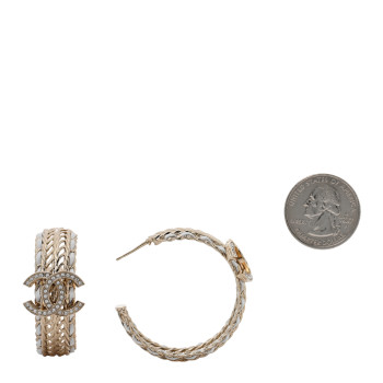 CHANEL Crystal Lambskin CC Double Chain Hoop Earrings Gold White