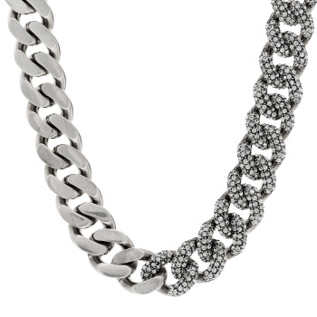 SAINT LAURENT Crystal Curb Chain Necklace Oxidized Silver