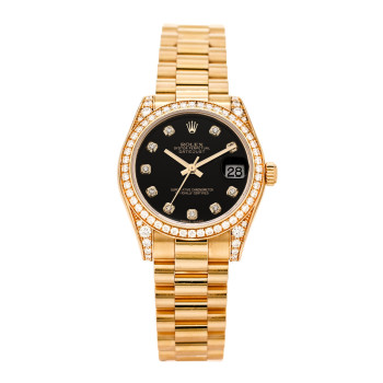ROLEX 18K Yellow Gold Diamond 31mm Oyster Perpetual Datejust President Watch Black 178158