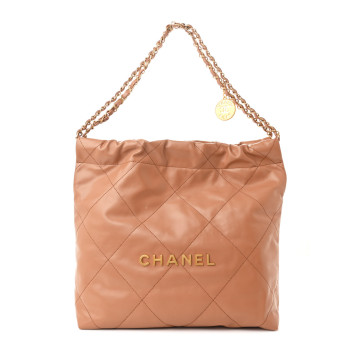 CHANEL Shiny Calfskin Quilted Small Chanel 22 Beige
