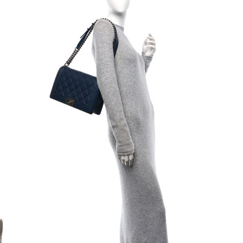 CHANEL Calfskin Double Stitch New Medium Boy Flap Navy Blue