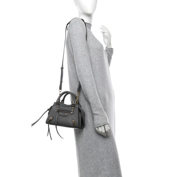 BALENCIAGA Grained Calfskin Neo Classic Gold Hardware Mini City Dark Grey