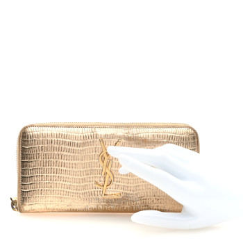 SAINT LAURENT Lizard Calfskin Embossed Monogram Zip Around Wallet Gold