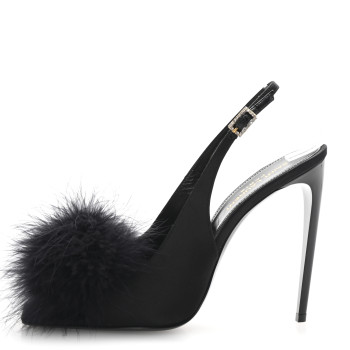 SAINT LAURENT Crepe Satin Feathered Blanco Sandals 39 Black