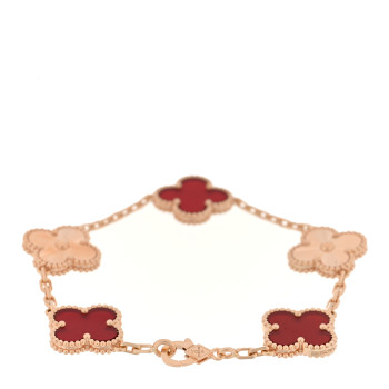 VAN CLEEF & ARPELS 18K Rose Gold Carnelian 5 Motifs Guilloche Vintage Alhambra Bracelet