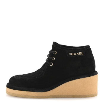 CHANEL Suede Calfskin Lace Up Wedge Booties 36.5 Black