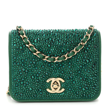 CHANEL Lambskin Crystal Diamante Clutch With Chain Green