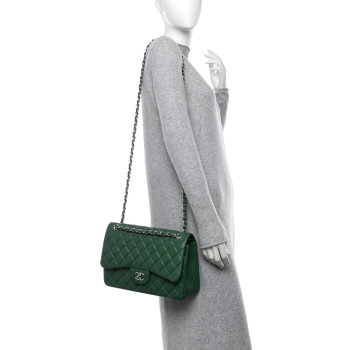 CHANEL Lambskin Quilted Jumbo Double Flap Green