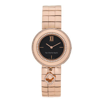 VAN CLEEF & ARPELS 18K Rose Gold Diamond Bezel 32mm Charms Quartz Watch Black