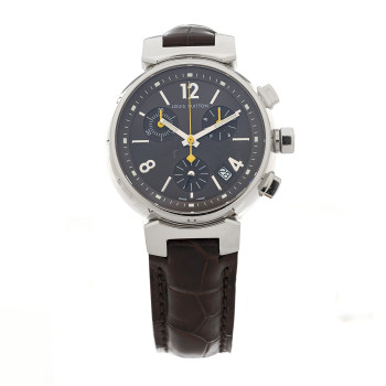 LOUIS VUITTON Stainless Steel Alligator 34mm Tambour Chronograph Quartz Watch Brown