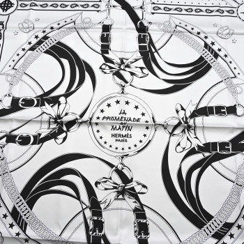 HERMES Cashmere Silk La Promenade du Matin Bandana Shawl 140 White Black Cuir