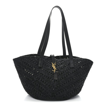 SAINT LAURENT Raffia Calfskin Small Panier Tote Black