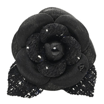 CHANEL Tweed Camellia Pin Brooch Black White