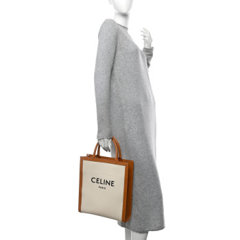 CELINE Canvas Calfskin Logo Print Small Vertical Cabas Natural Tan