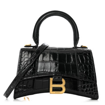 BALENCIAGA Shiny Calfskin Crocodile Embossed Hourglass Top Handle Bag XS Black