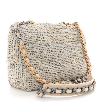 CHANEL Tweed Quilted Medium Chanel 19 Flap Ecru Black