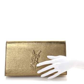 SAINT LAURENT Metallic Calfskin Monogram Large Belle De Jour Clutch Gold
