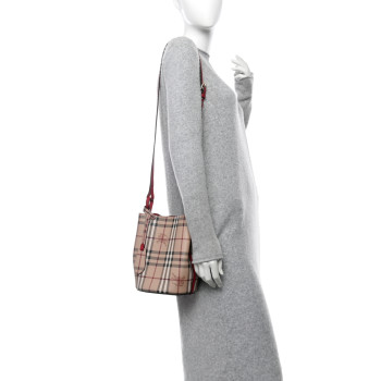 BURBERRY Haymarket Check Colours Small Lorne Bucket Crossbody Poppy Red