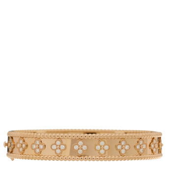 VAN CLEEF & ARPELS 18K Rose Gold Diamond Perlee Clovers Bangle Bracelet M