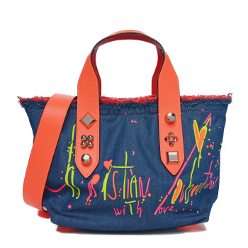 CHRISTIAN LOUBOUTIN Denim Printed Mini Frangibus Tote Blue Multicolor