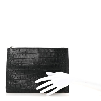 SAINT LAURENT Calfskin Crocodile Embossed Zipped Tablet Holder Black