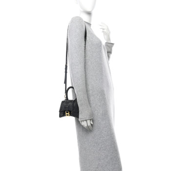 BALENCIAGA Shiny Calfskin Crocodile Embossed Hourglass Top Handle Bag XS Black