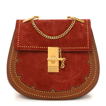 CHLOE Suede Smooth Calfskin Studded Mini Drew Shoulder Bag Sienna Red Brown