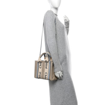 CHLOE Cotton Calfskin Small Woody Ribbon Tote With Strap Light Blue