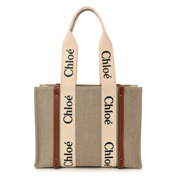 CHLOE Cotton Calfskin Medium Woody Ribbon Tote White Brown