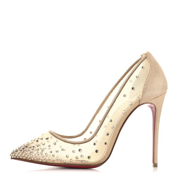 CHRISTIAN LOUBOUTIN Suede Silk Crystal Strass Follies 100 Pumps 36 Light Silk