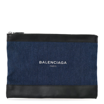 BALENCIAGA Denim Calfskin Logo Clutch Blue Black