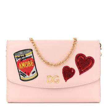DOLCE & GABBANA Vitello Embroidered Amore Wallet On Chain Light Pink