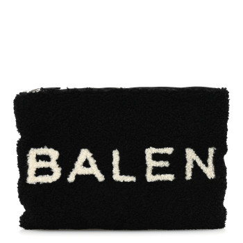BALENCIAGA Sheepskin Shearling Contrasted Logo Large Zip Pouch Black