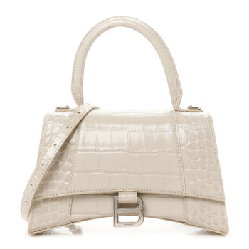 BALENCIAGA Shiny Calfskin Crocodile Embossed Small Hourglass Top Handle Bag Cold Beige