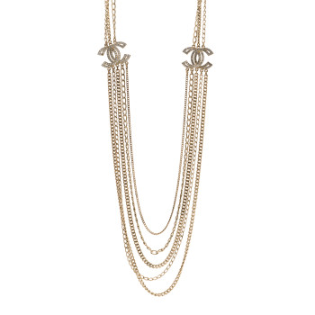 CHANEL Multi Strand Chain Baguette Crystal CC Necklace Gold Gold