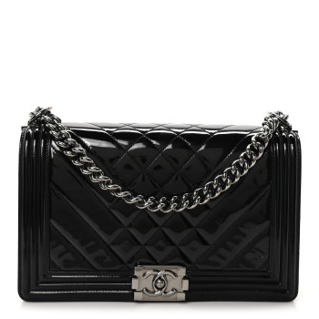 CHANEL Patent Chevron Quilted New Medium Boy Flap Black