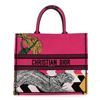 CHRISTIAN DIOR Canvas Embroidered Large Jungle Pop Book Tote Fuchsia Multicolor CHRISTIAN DIOR Canvas Embroidered Large Jungle Pop Book Tote Fuchsia Multicolor