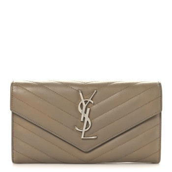 SAINT LAURENT Grain De Poudre Matelasse Chevron Monogram Flap Wallet Taupe