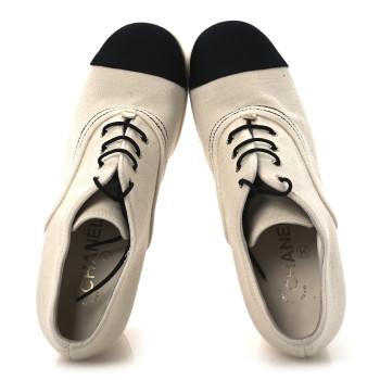 CHANEL Canvas Lace Up Oxford Pumps 38 White Black