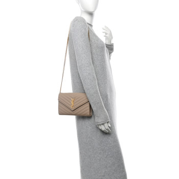 SAINT LAURENT Grain De Poudre Matelasse Chevron Monogram Chain Wallet Dark Beige