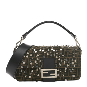 FENDI Fabric Jacquard F Paillettes Vitello Cover FF 1974 Embroidered Baguette Tobacco Moro Argento