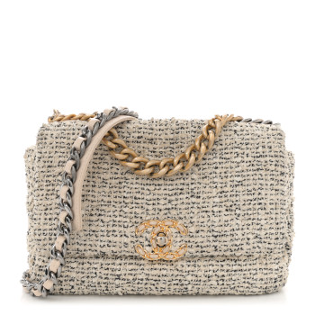 CHANEL Tweed Quilted Medium Chanel 19 Flap Ecru Black